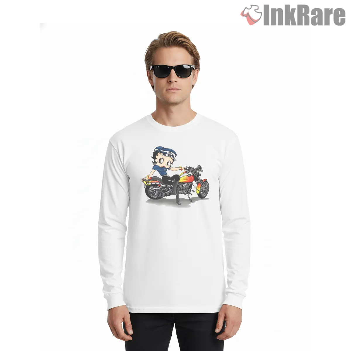 Biker Betty Boop Motorcycle Road Trip Long Sleeve White Biker Betty Boop Motorcycle Road Trip Shirt on white long sleeve shirt for men graphic tee