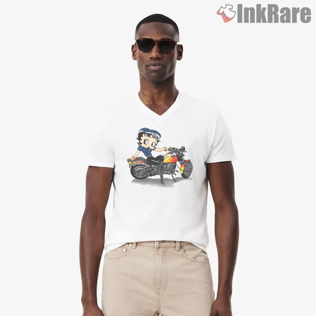 Biker Betty Boop Motorcycle Road Trip V Neck White Biker Betty Boop Motorcycle Road Trip Shirt on white v-neck shirt for men graphic tee