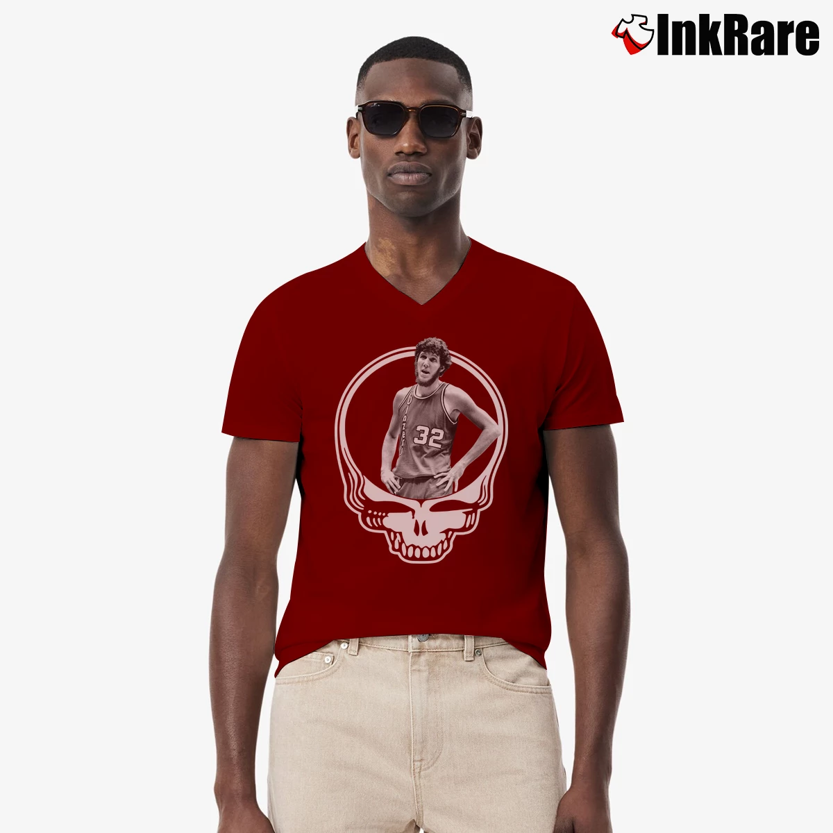 Men’s Bill Walton Grateful Dead V-Neck Tee in maroon | Sharp, Breathable, Everyday Staple