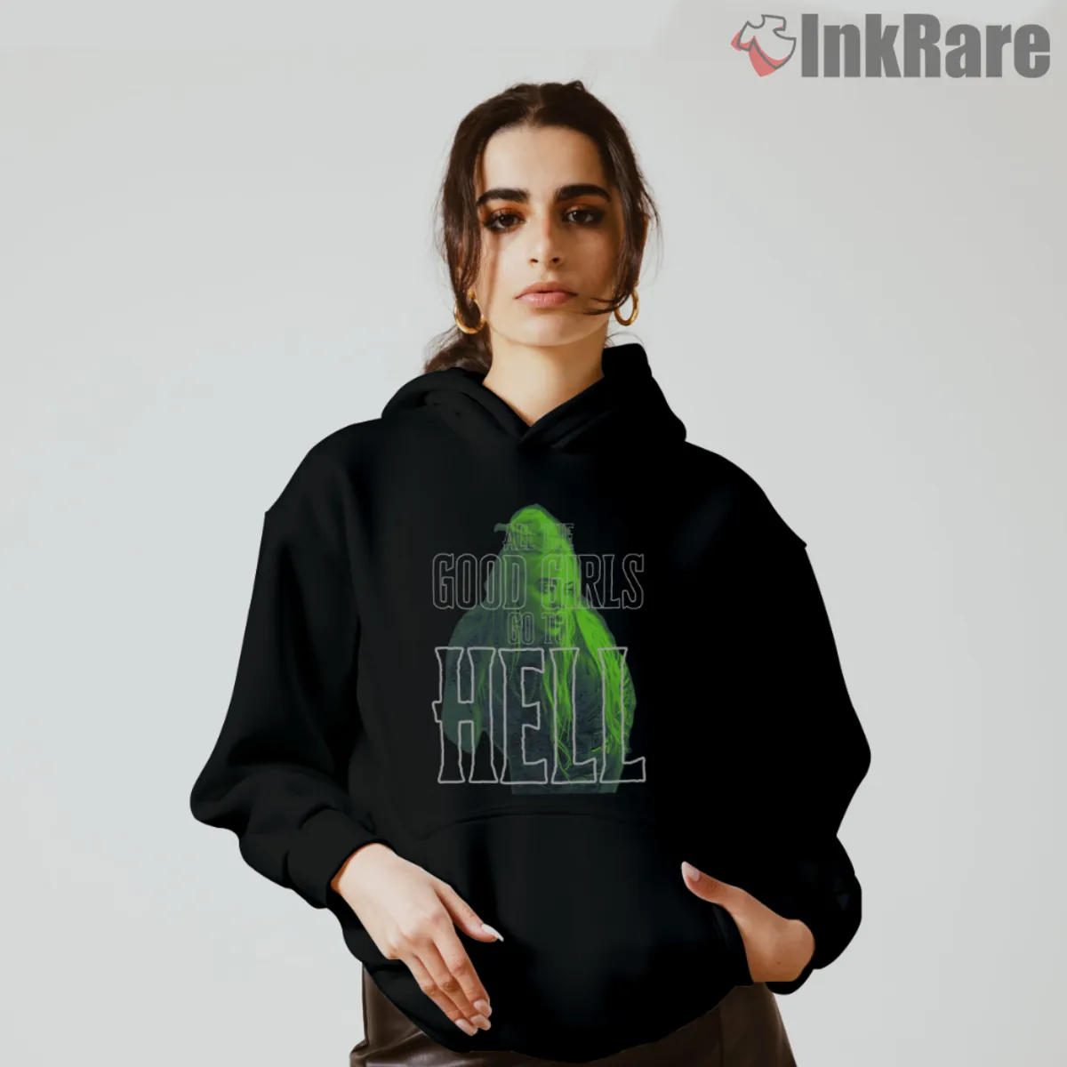 Black hoodie featuring Billie Eilish lyric art in green overlay
