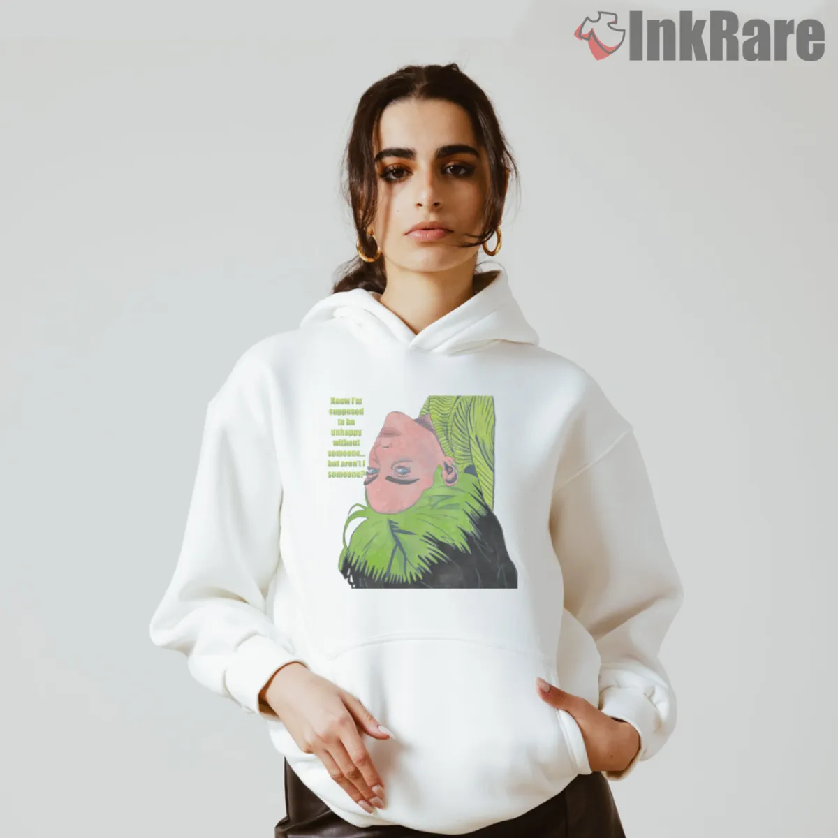 White hoodie featuring Billie Eilish upside down portrait artwork