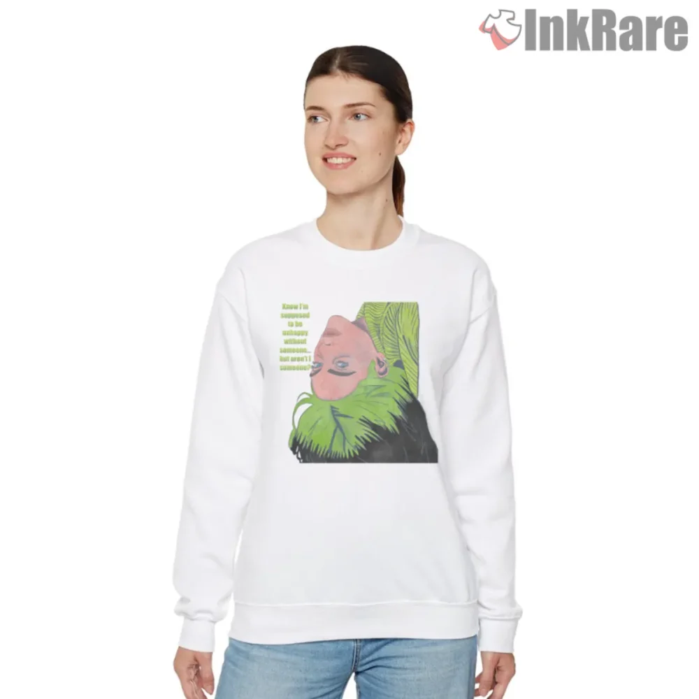 Billie Eilish Arent I Someone Upside Down Portrait Shirt on white sweatshirt with green hair graphic and lyric quote