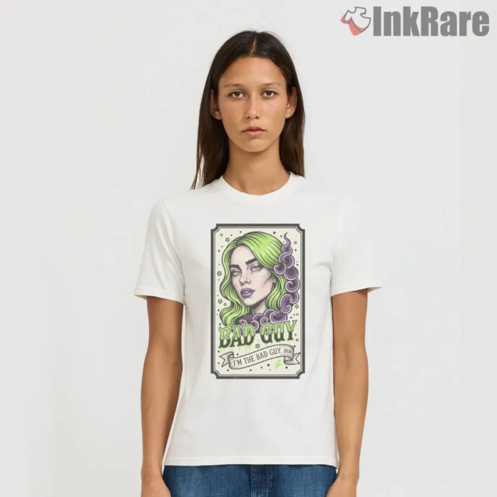 White short sleeve tee with Billie Eilish Bad Guy Art Nouveau frame portrait in green and purple