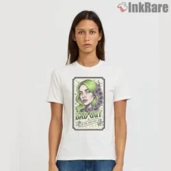 White short sleeve tee with Billie Eilish Bad Guy Art Nouveau frame portrait in green and purple