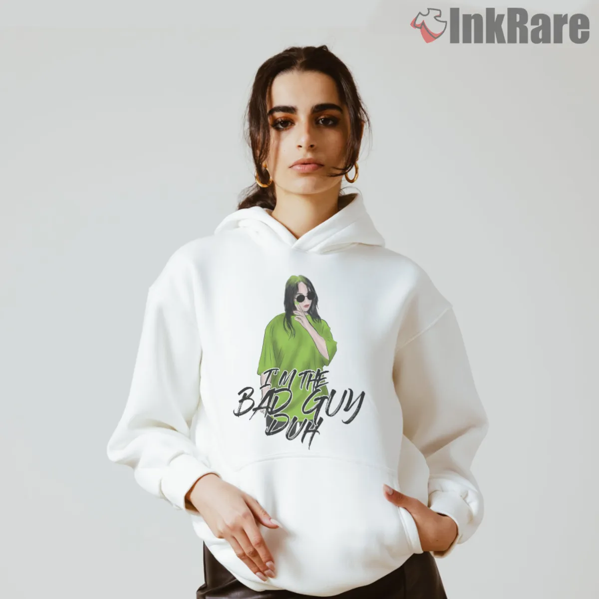 White hoodie featuring Billie Eilish bad guy duh lettering