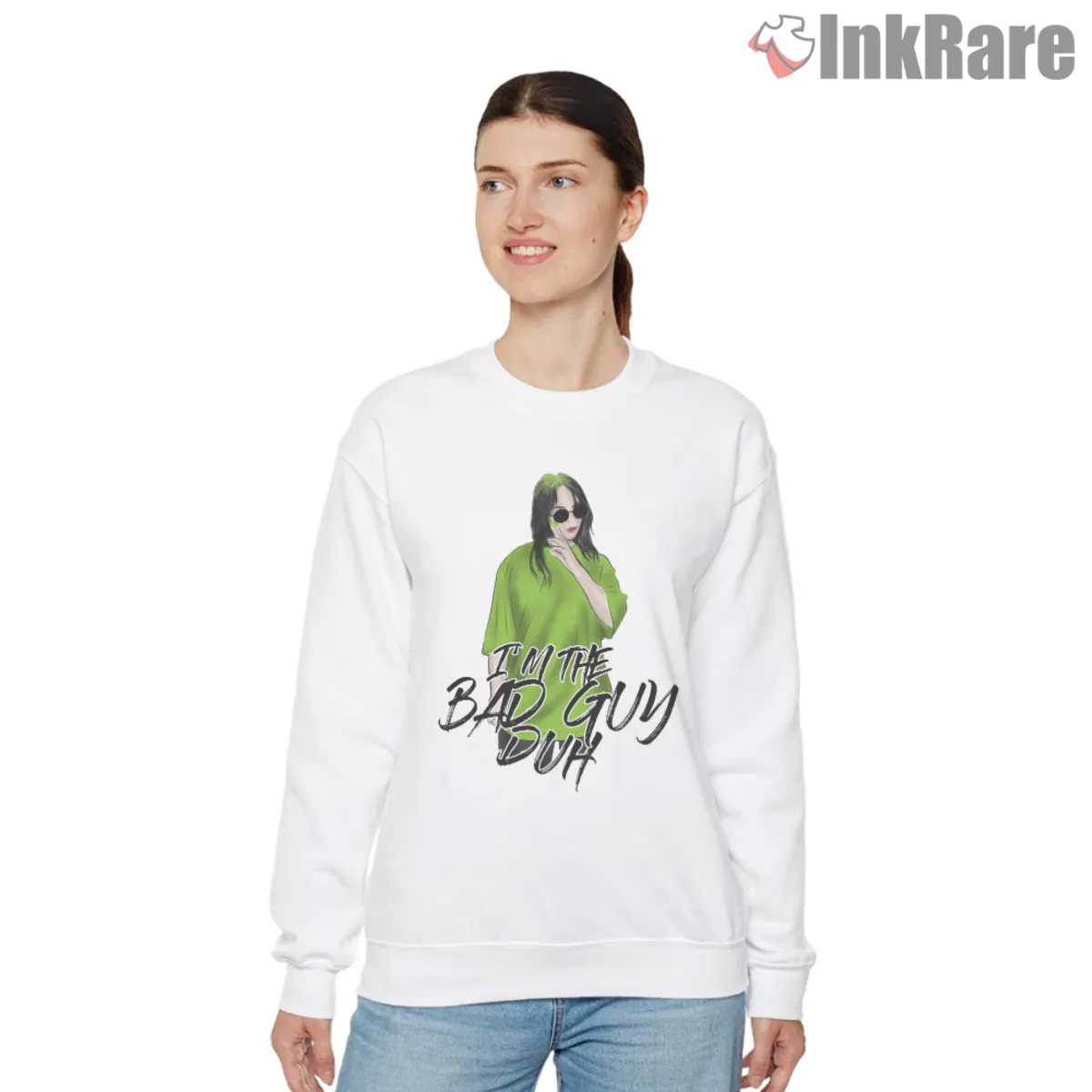 Bad Guy Duh Sweatshirt White White sweatshirt showing Billie Eilish bad guy duh lettering
