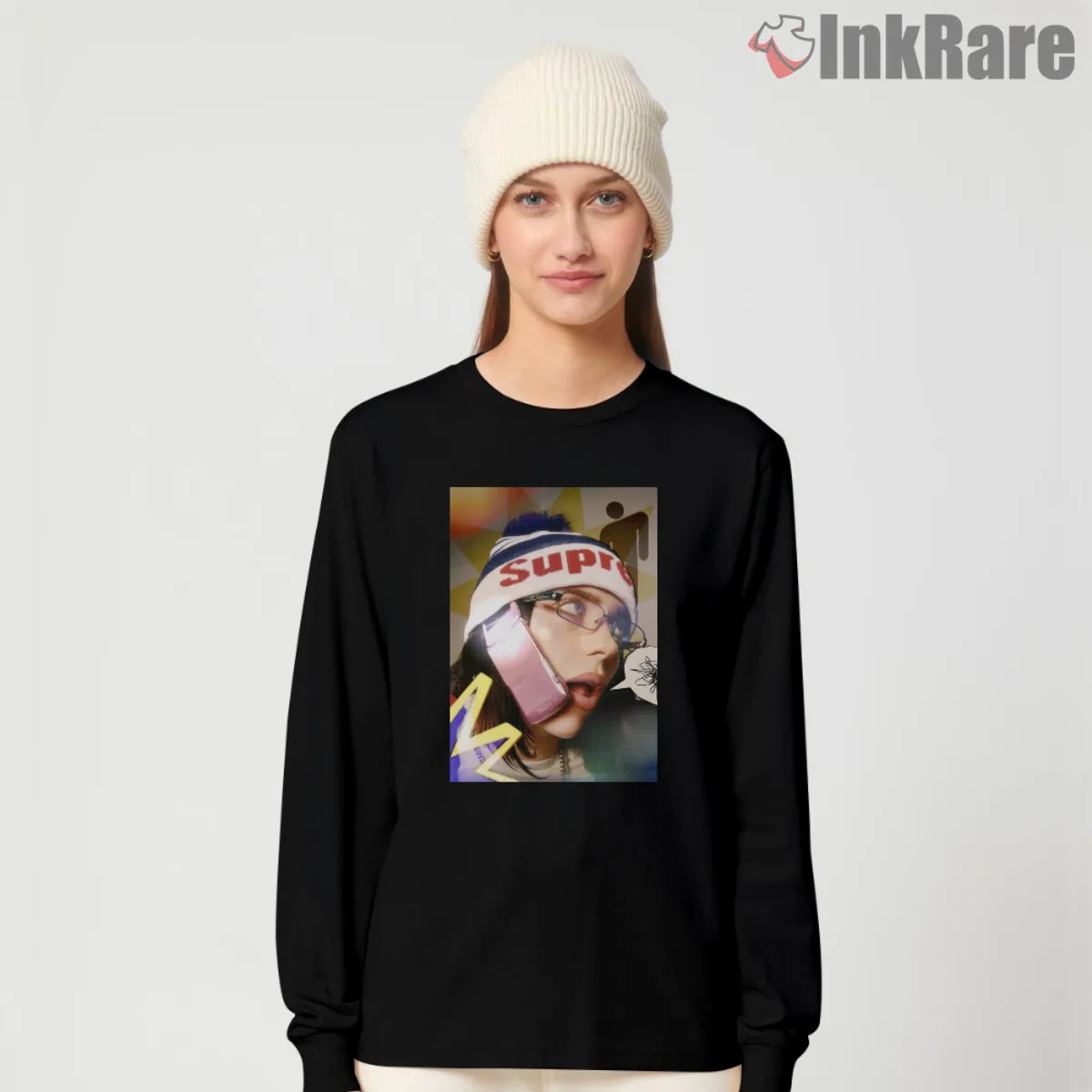 Black long sleeve featuring Billie Eilish beanie street collage graphic