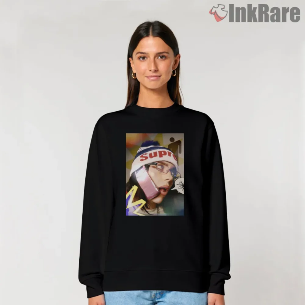 Billie Eilish Beanie Street Collage Shirt printed on black sweatshirt