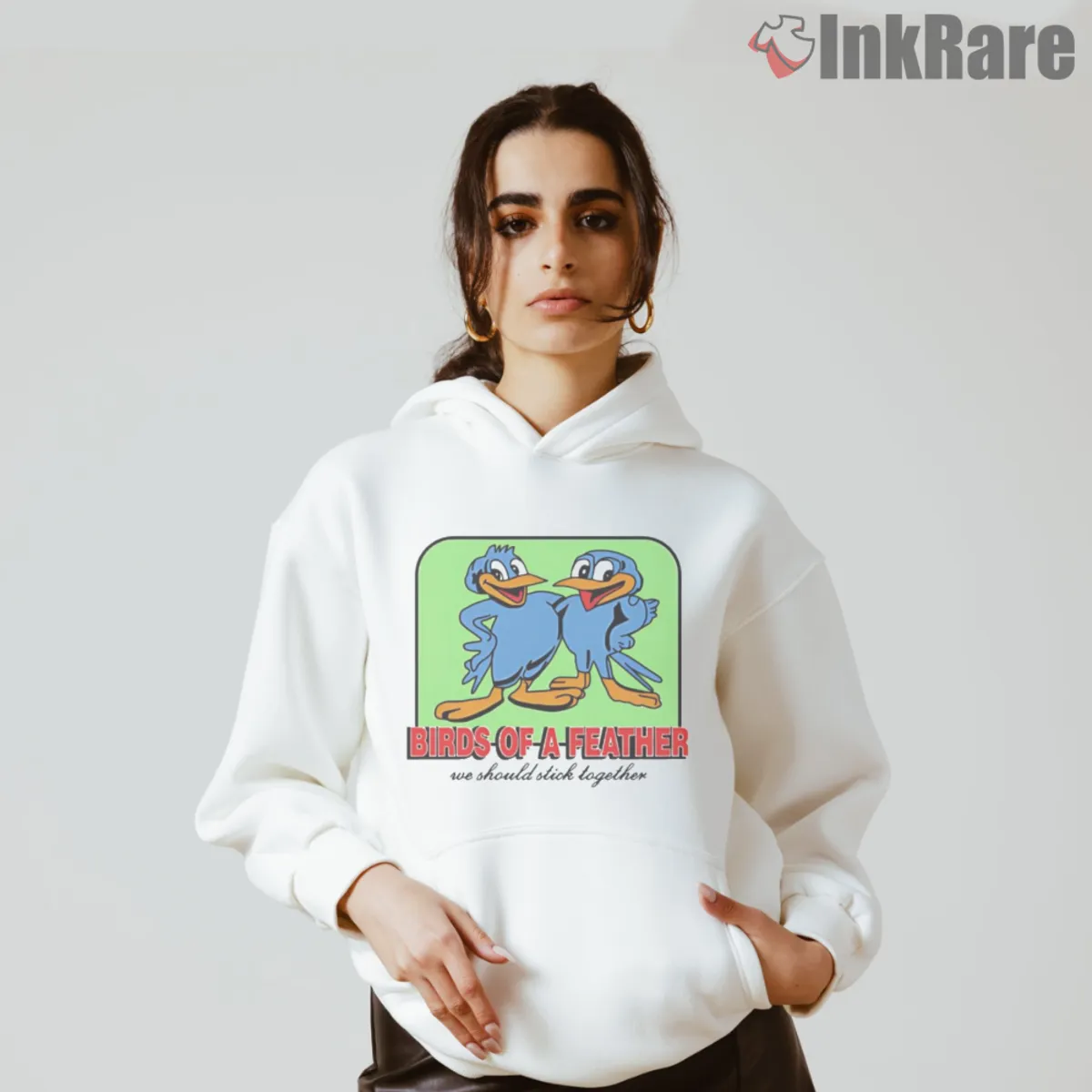 White hoodie with Birds Of A Feather cartoon ducks graphic
