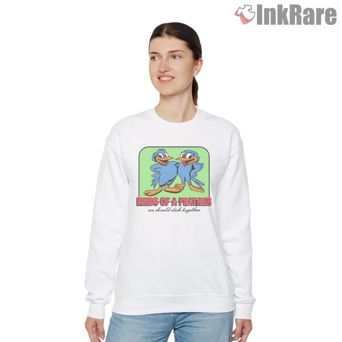 Birds Of A Feather Sweatshirt White White sweatshirt showing two blue cartoon ducks with Birds Of A Feather text