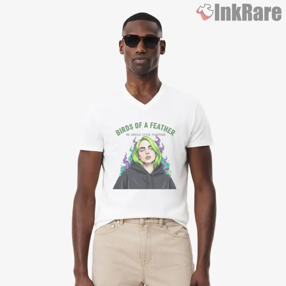 Billie Eilish Birds Of A Feather Pastel Portrait Shirt on white V neck with soft green hair art