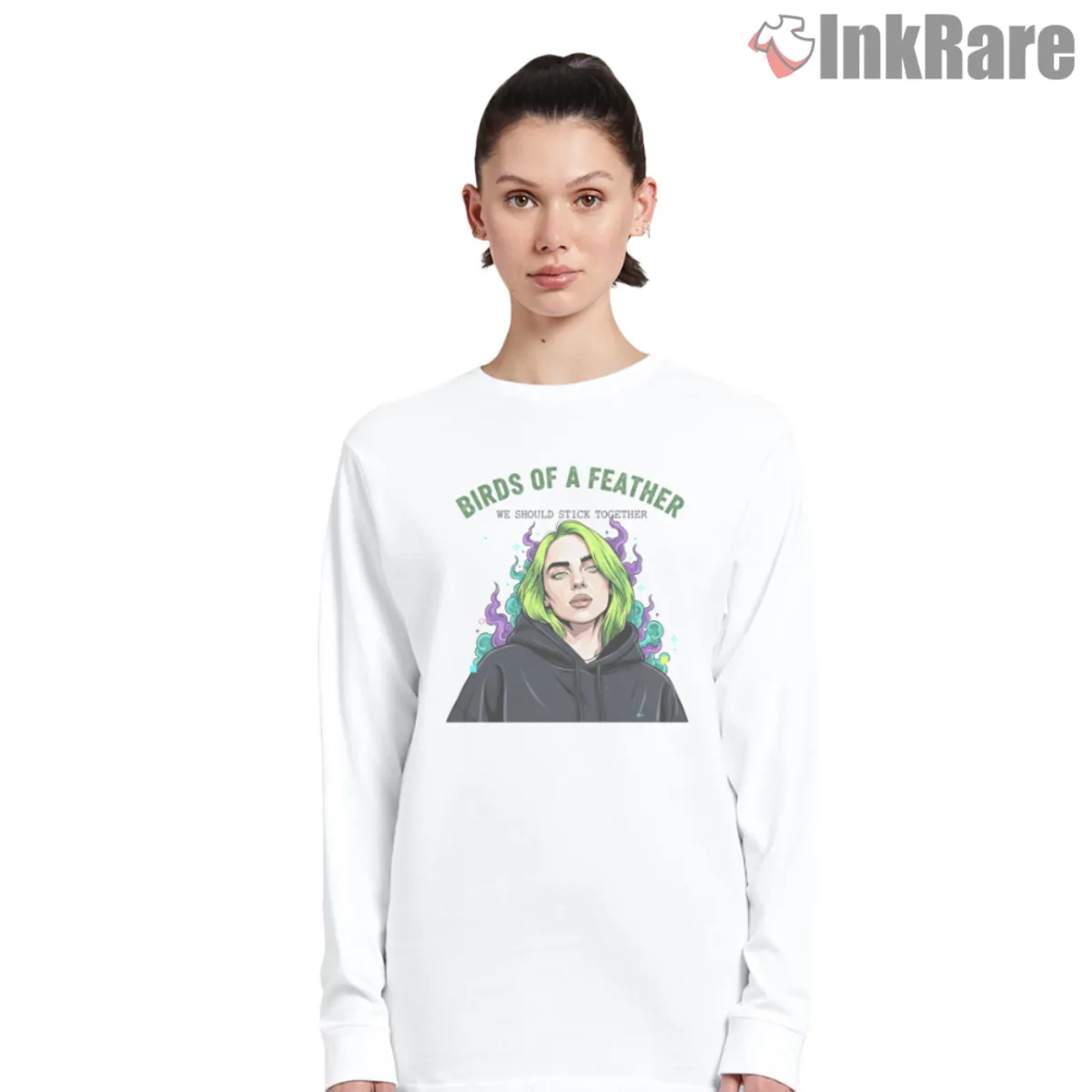 White long sleeve with Billie Eilish pastel portrait and Birds Of A Feather text