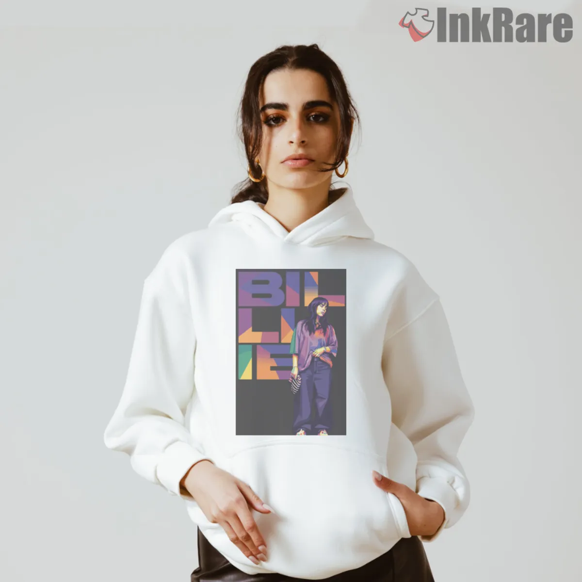 White hoodie featuring Billie Eilish block letter graphic with colorful panels