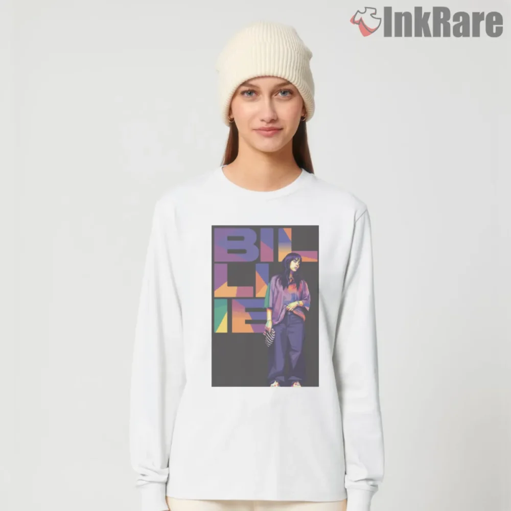 White long sleeve tee with Billie Eilish block letter backdrop and street pose artwork