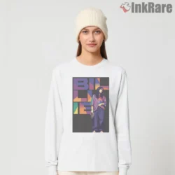 White long sleeve tee with Billie Eilish block letter backdrop and street pose artwork