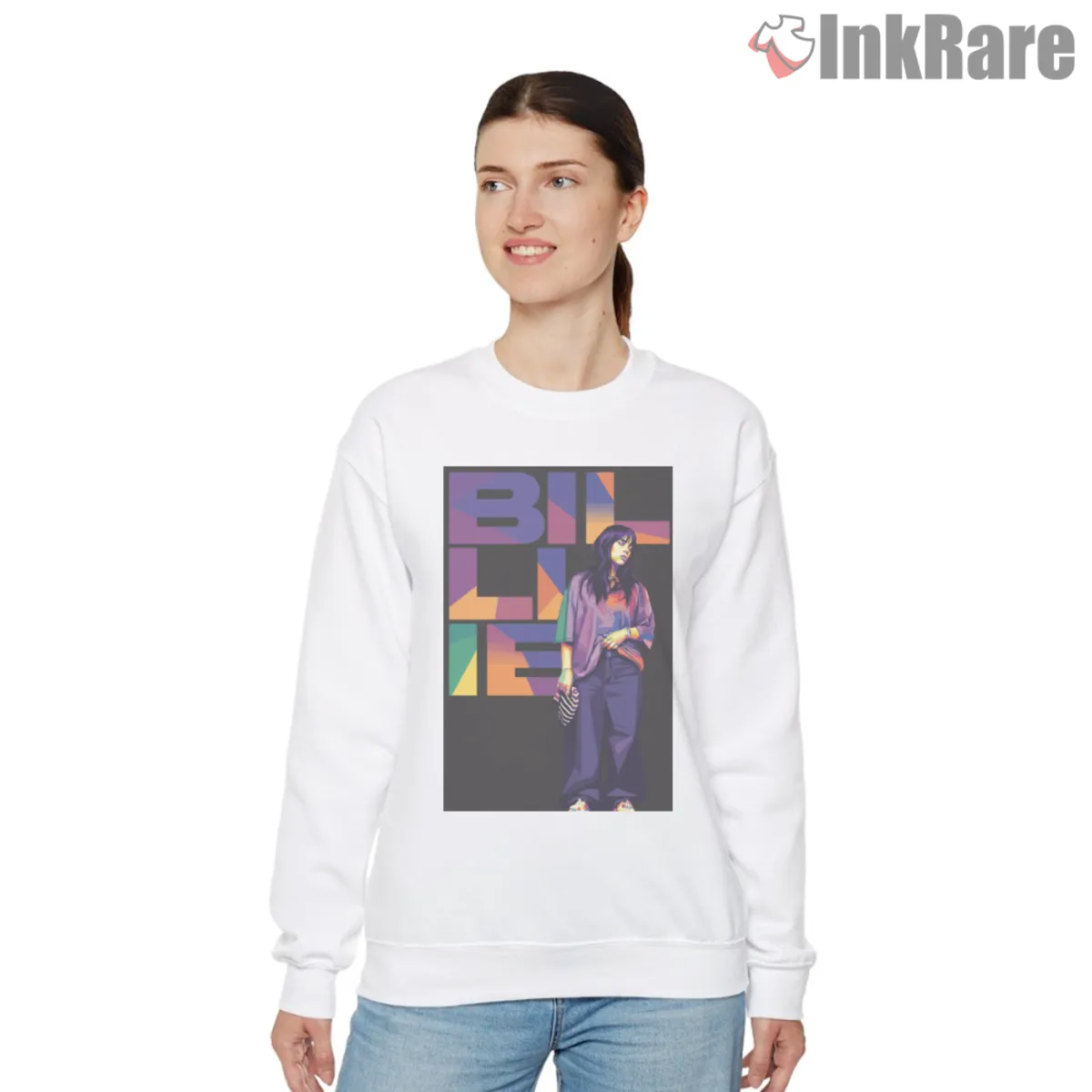 Block Letter Backdrop Sweatshirt White White sweatshirt with Billie Eilish street pose framed by block letters