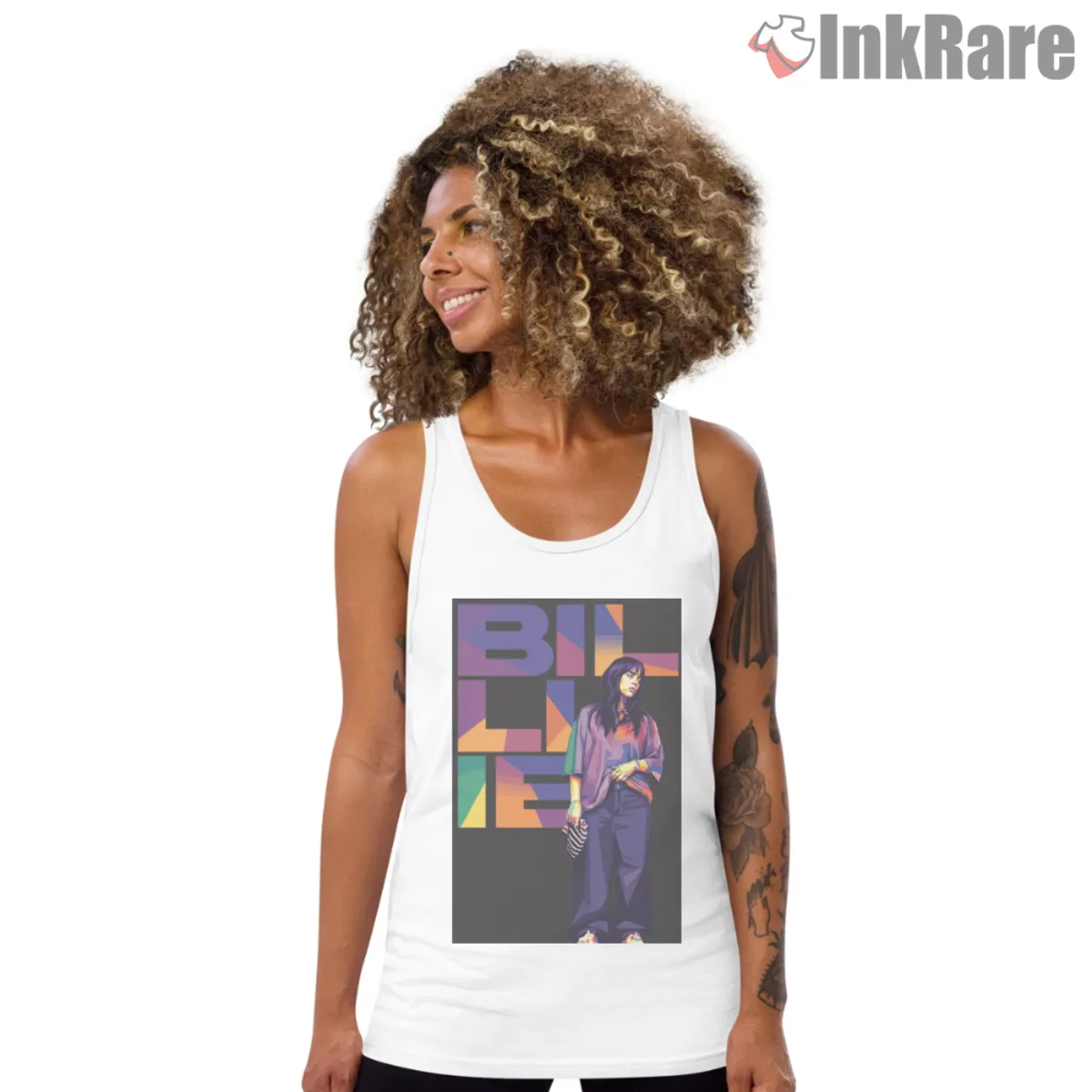 Block Letter Backdrop Tank Top White White tank top showing Billie Eilish graphic and colorful block type