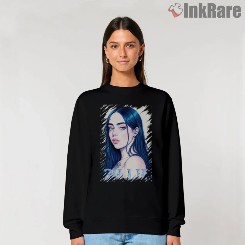 Billie Eilish Blue Hair Aesthetic Portrait Shirt on black sweatshirt with soft framed artwork