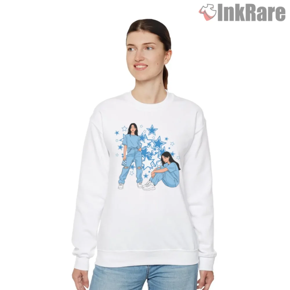 Billie Eilish Blue Stars Streetwear Duo Illustration Shirt on white sweatshirt with layered blue stars
