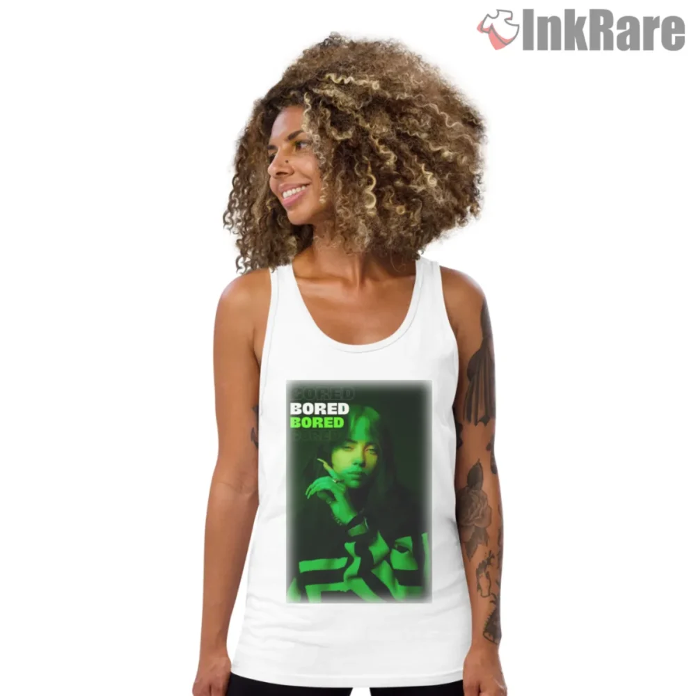 White tank top with Billie Eilish bored green tint photo graphic