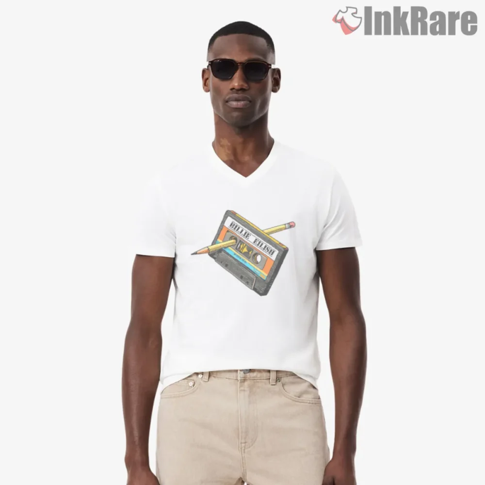 Billie Eilish Cassette Tape Pencil Doodle Shirt on white V neck with retro tape and pencils graphic