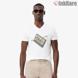 Billie Eilish Cassette Tape Pencil Doodle Shirt on white V neck with retro tape and pencils graphic
