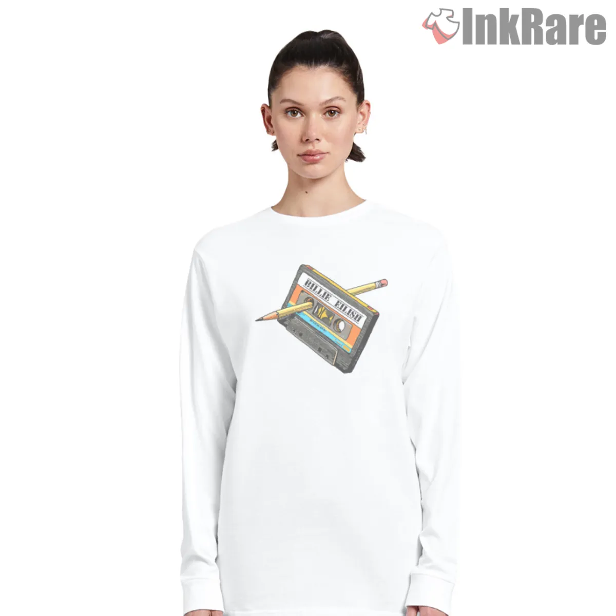 White long sleeve featuring cassette tape and pencil doodle art