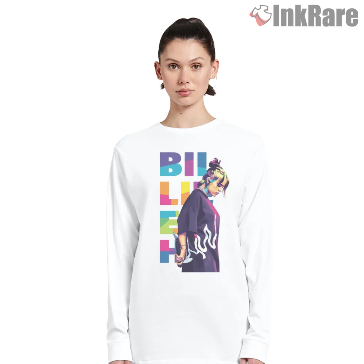 White long sleeve tee featuring Billie Eilish against bold color blocks
