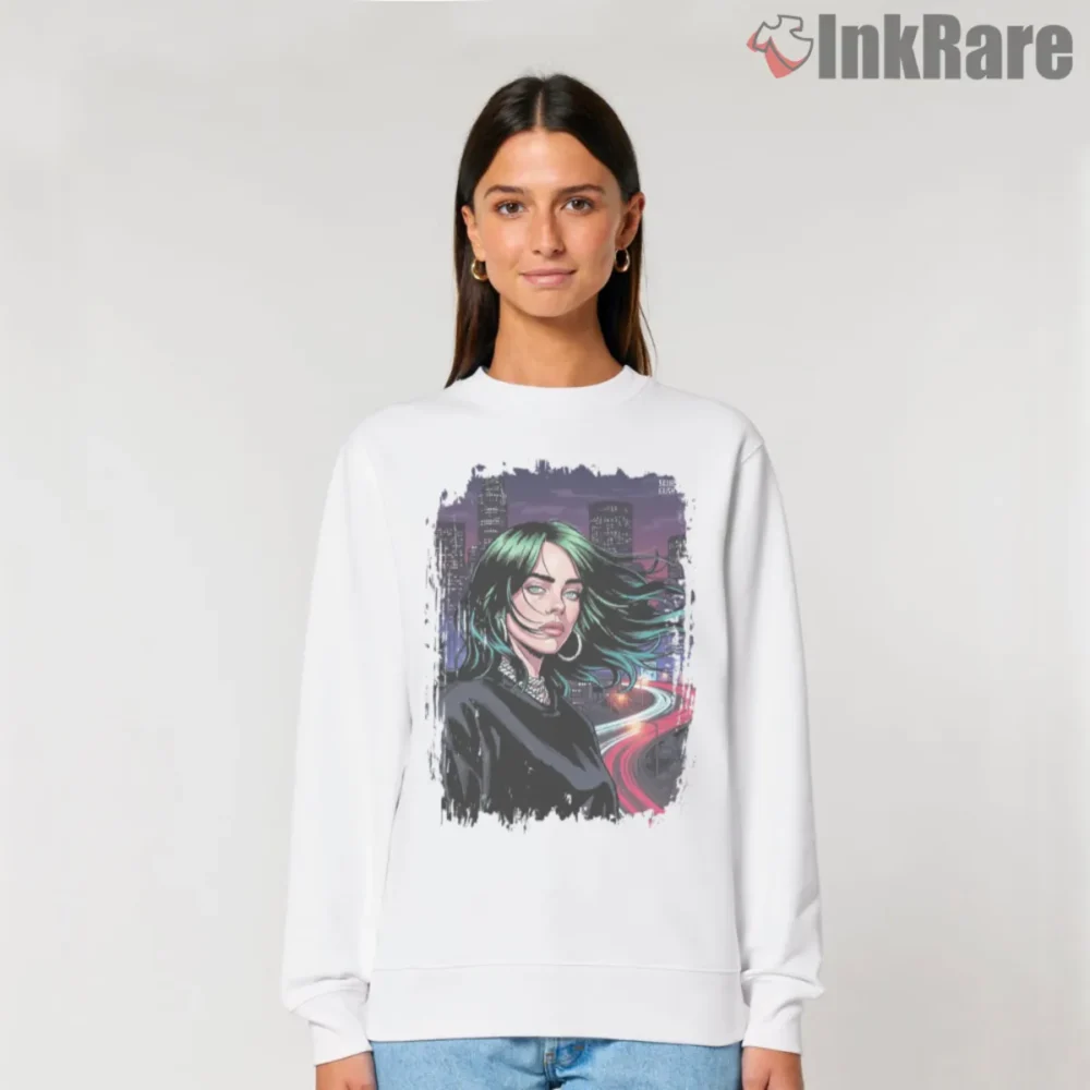 Billie Eilish Comic City Night Scene Shirt on white sweatshirt with skyline and light trails