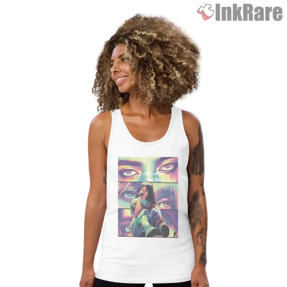 Billie Eilish Did I Cross The Line Eyes Collage Shirt printed on a white tank top with colorful portrait panels