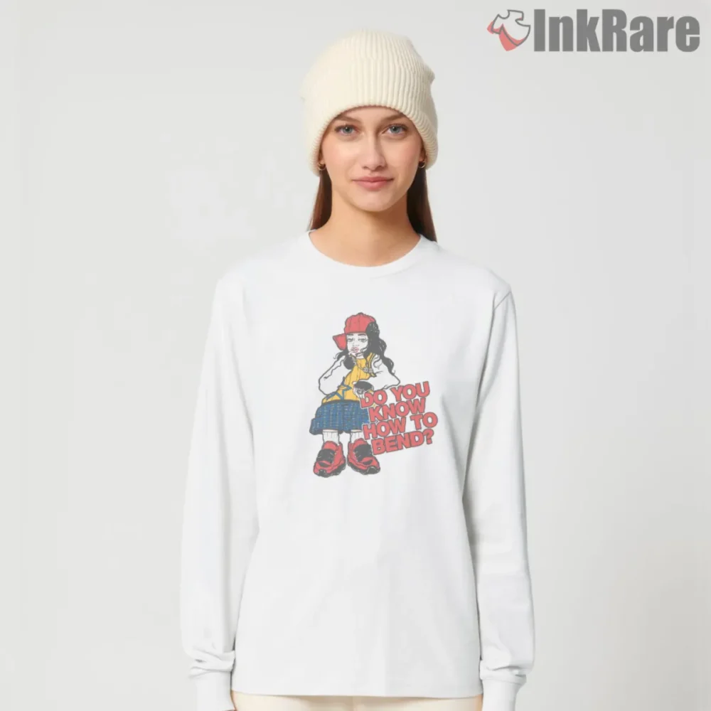 Billie Eilish Do You Know How To Bend Retro Patch Shirt on white long sleeve with bold red lettering