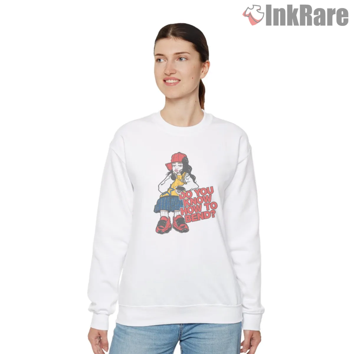 Do You Know How To Bend Sweatshirt White White sweatshirt with cartoon patch graphic and red text