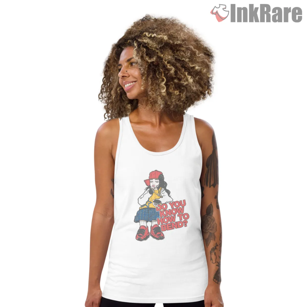 Do You Know How To Bend Tank Top White White tank top with Billie Eilish retro patch design