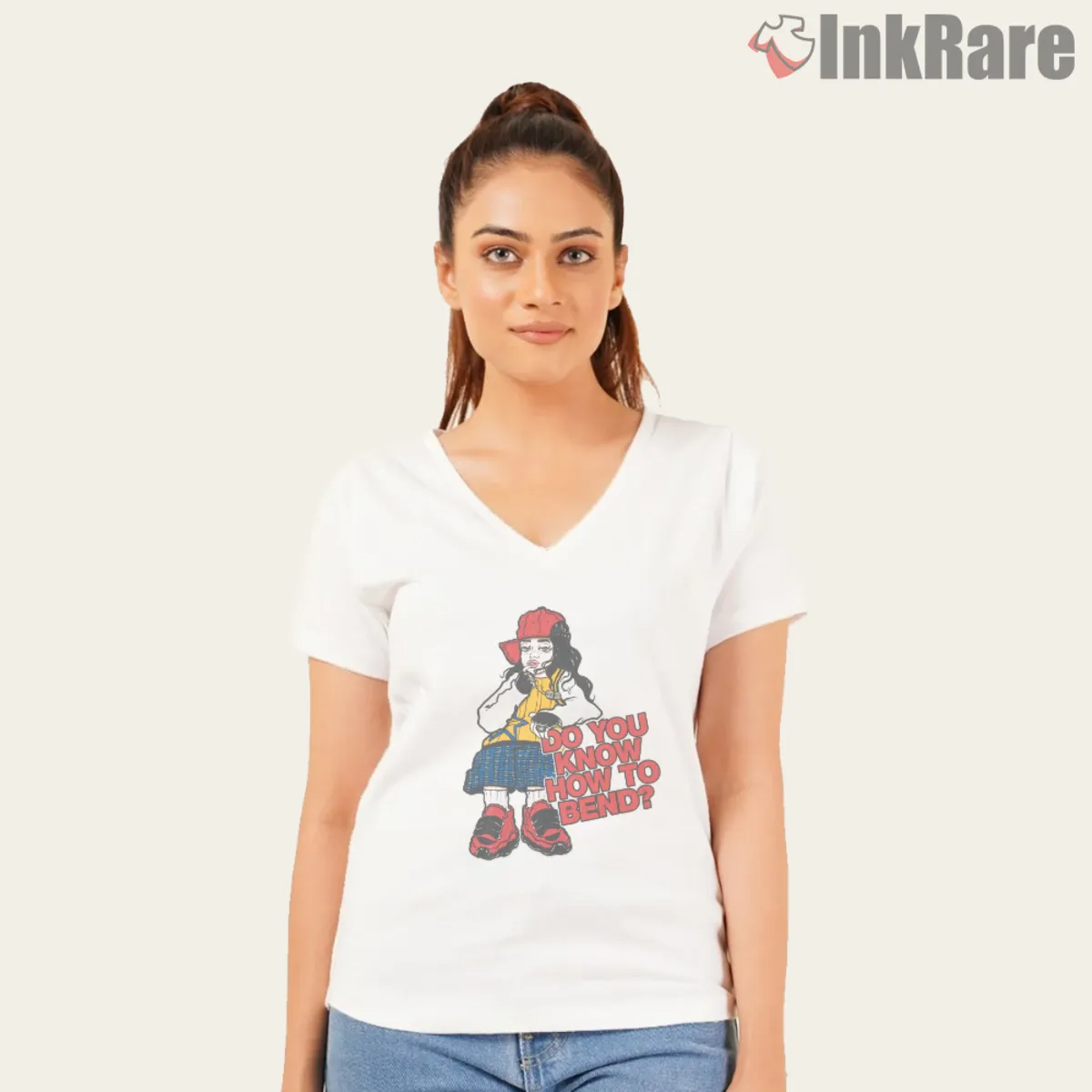 Do You Know How To Bend V Neck White White v neck tee showing retro patch cartoon and red lettering