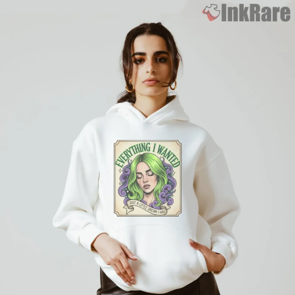 Billie Eilish Everything I Wanted Vintage Tattoo Art Shirt on white hoodie with framed portrait and ribbon text