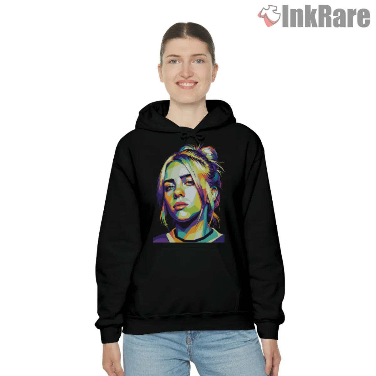 Black hoodie with Billie Eilish geometric rainbow portrait