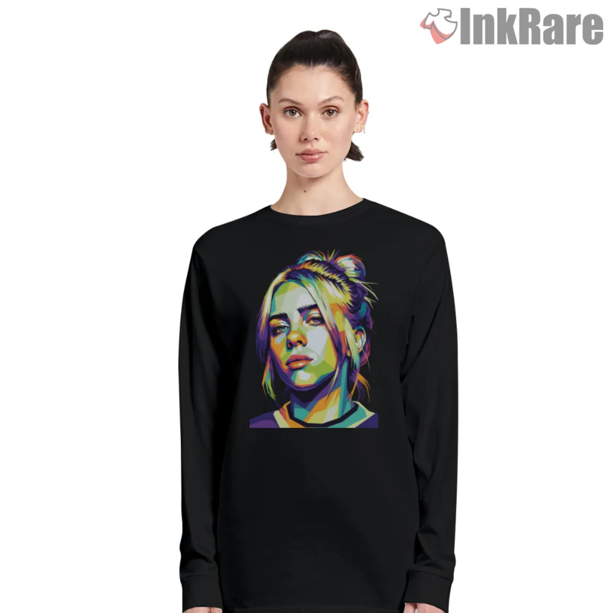 Geometric Rainbow Portrait Long Sleeve Black Black long sleeve tee showing geometric rainbow portrait of Billie Eilish