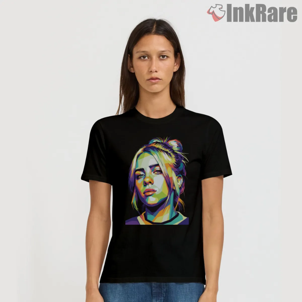 Geometric Rainbow Portrait Short Sleeve Black Short sleeve black tee with rainbow geometric portrait