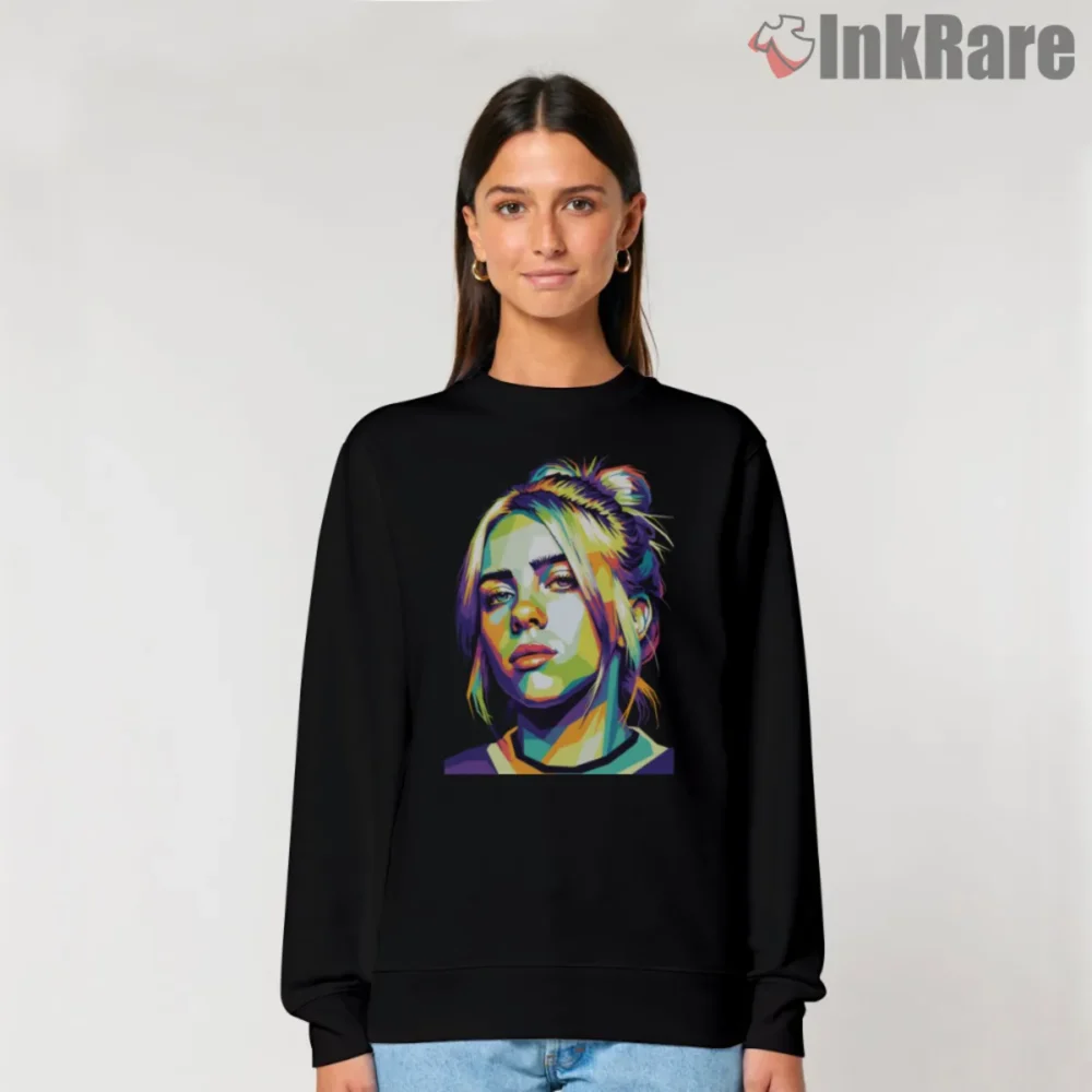 Billie Eilish Geometric Rainbow Portrait Shirt printed on a black sweatshirt with vivid pop colors