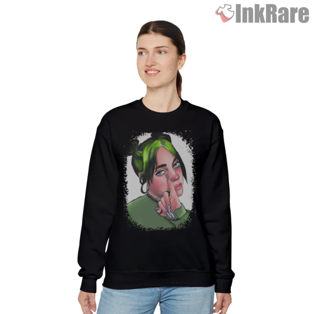Billie Eilish Green Hair Peace Sign Shirt on black sweatshirt with soft portrait frame
