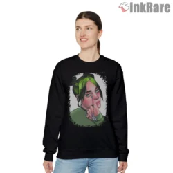 Billie Eilish Green Hair Peace Sign Shirt on black sweatshirt with soft portrait frame