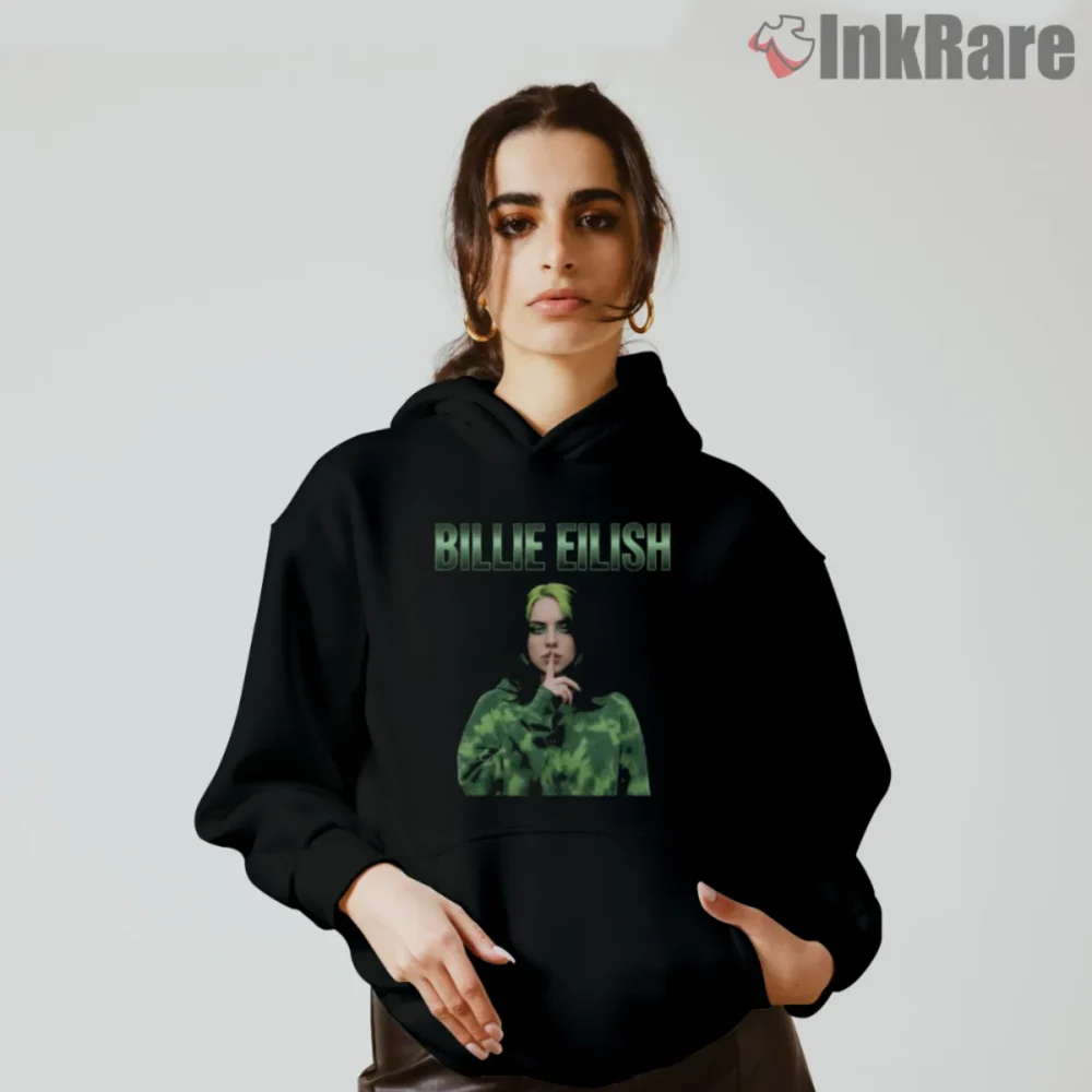 Billie Eilish Green Vibes Leaf Pattern Shirt on black hoodie with emerald portrait and leaf like texture