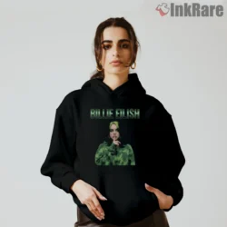Billie Eilish Green Vibes Leaf Pattern Shirt on black hoodie with emerald portrait and leaf like texture