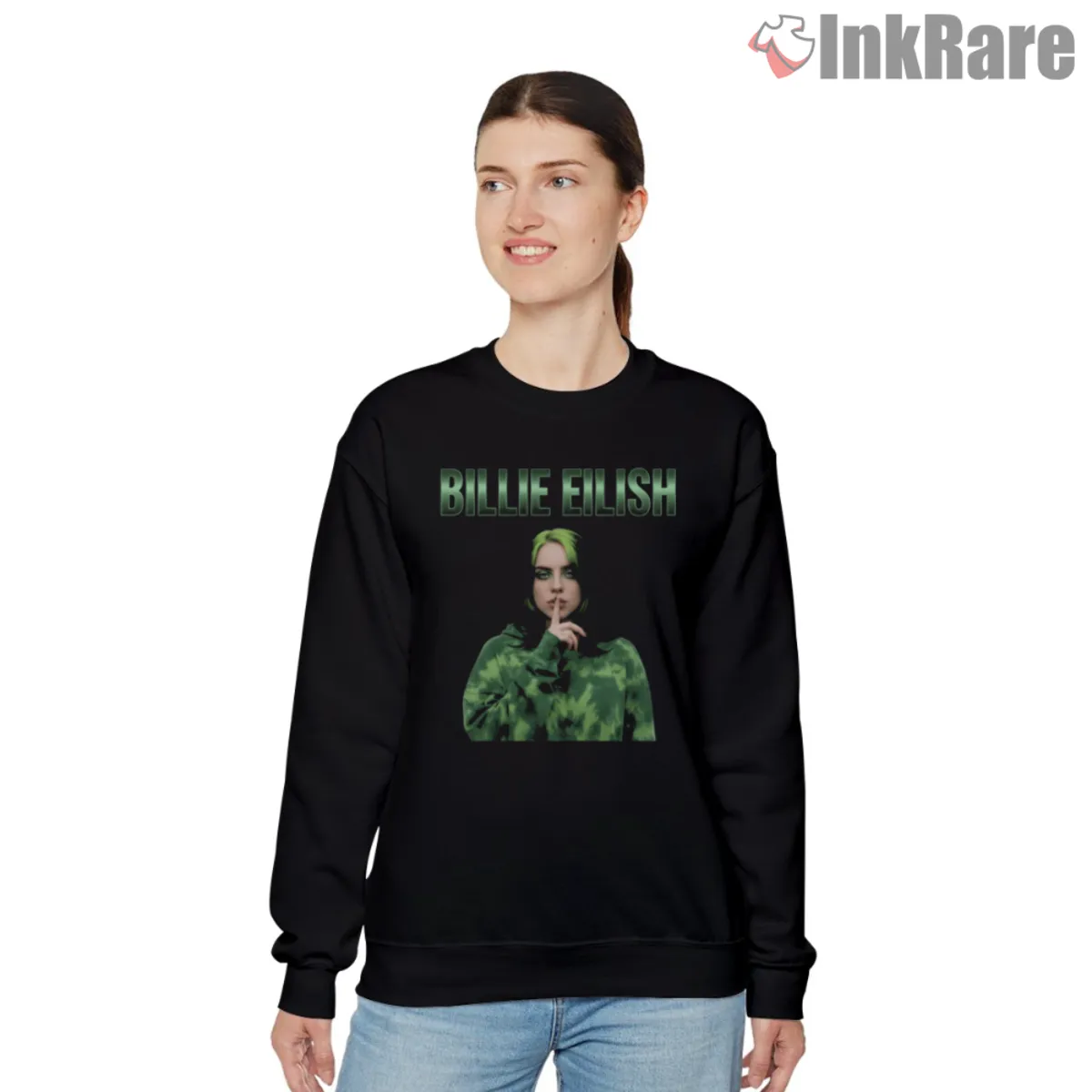 Green Vibes Sweatshirt Black Black sweatshirt featuring leaf pattern portrait of Billie Eilish