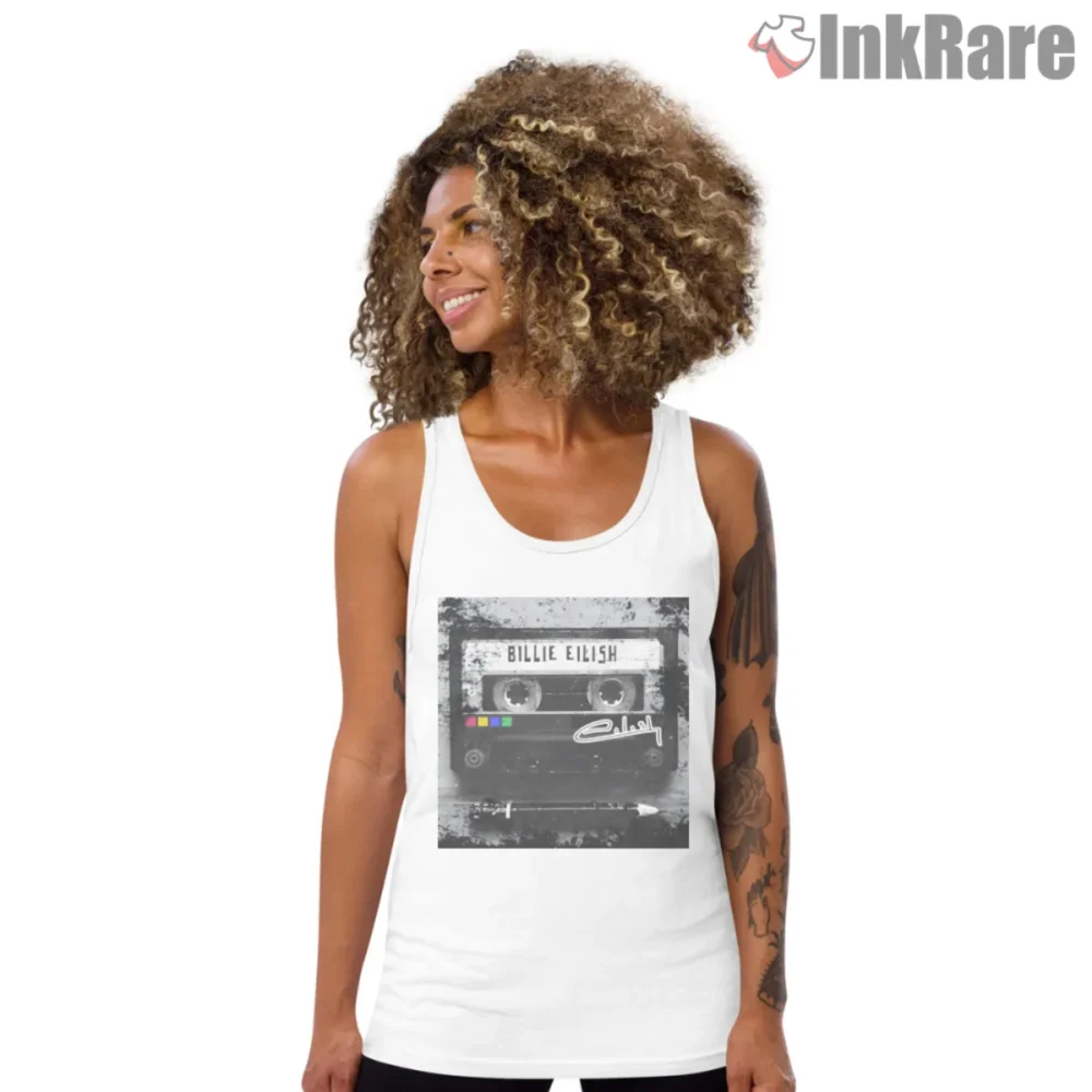 White tank top with Billie Eilish grunge mixtape cassette artwork and marker signature