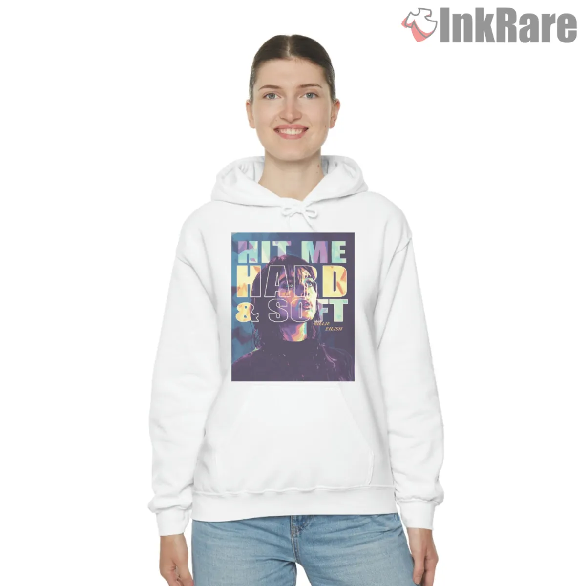 White hoodie with Billie Eilish concert poster artwork
