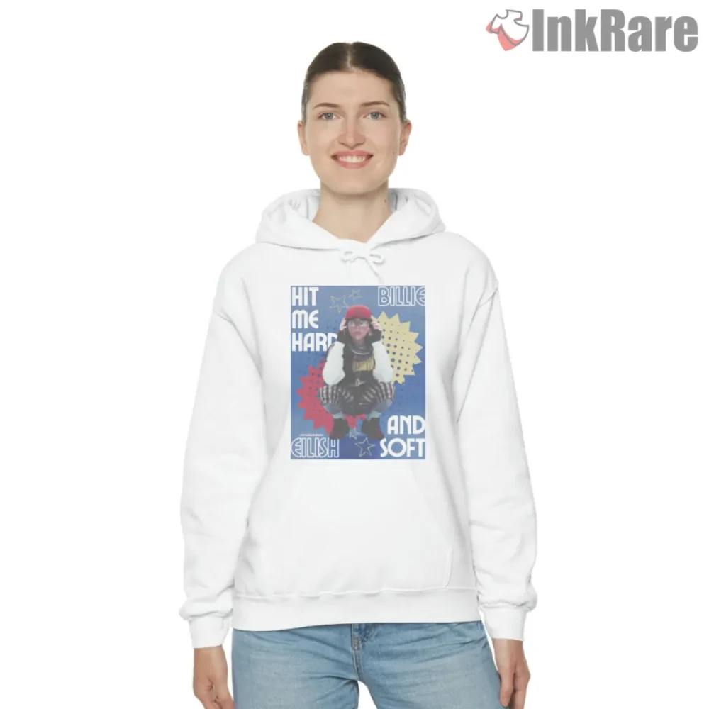 White hoodie with Billie Eilish Hit Me Hard And Soft retro magazine cover style artwork