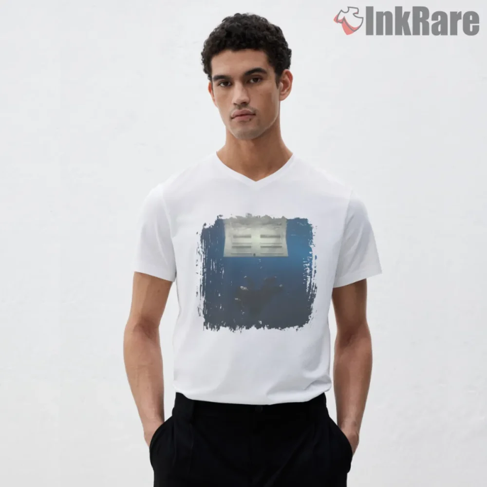 White V neck tee with Billie Eilish underwater scene graphic