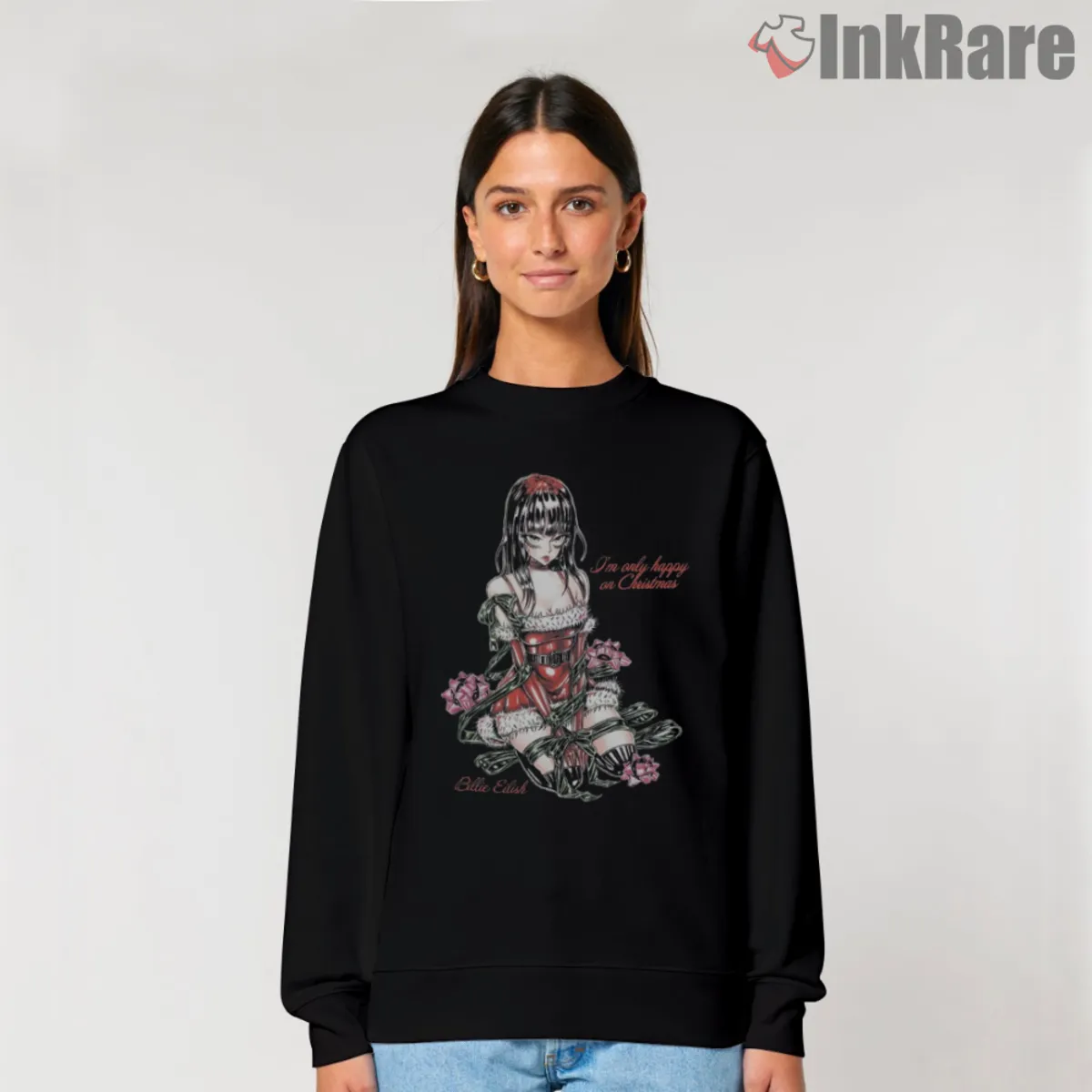 Christmas Gothic Pinup Women Sweatshirt Black Black sweatshirt showing Billie Eilish themed pinup artwork