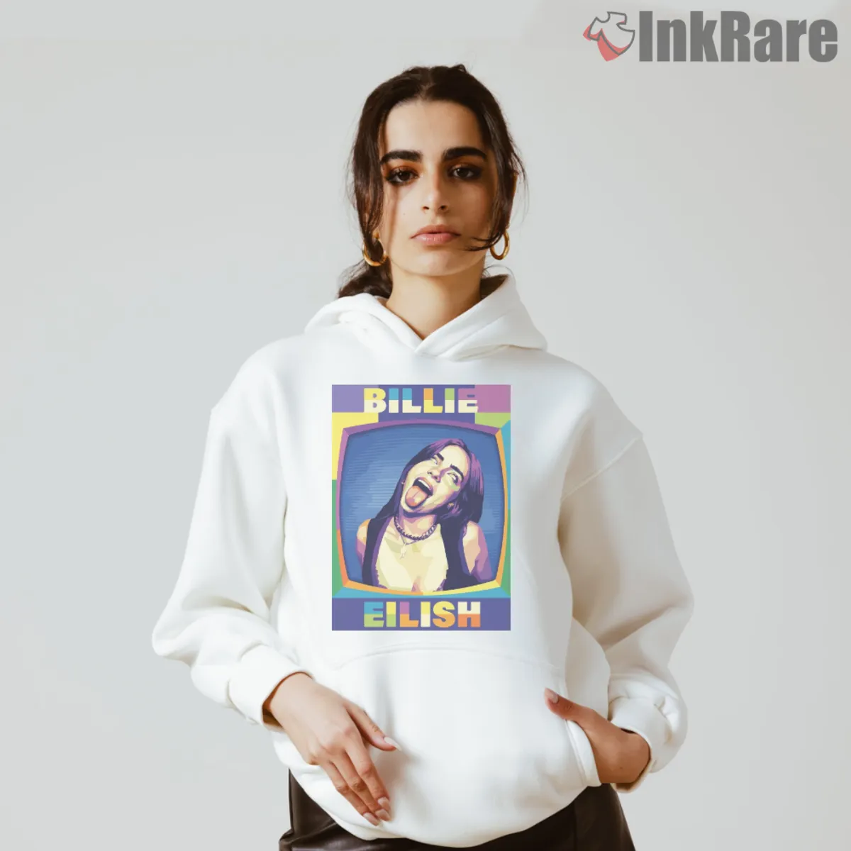 White hoodie featuring Billie Eilish TV collage artwork